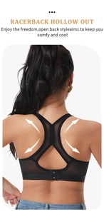 Racerback sports bra detail featuring breathable mesh paneling and hollow out back design