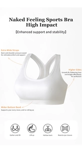 White high impact sports bra with wide straps and hook-and-eye closure details