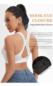 Detail view of white sports bra with breathable mesh back and three-row hook-and-eye closure