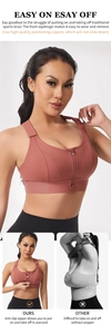 Front zipper detail on high-impact sports bra for easy wear and secure fit