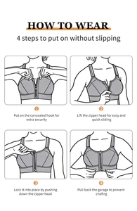 Detail of sports bra front zipper with concealed hook and protective locking head