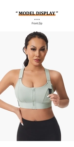 Front zip light green high-impact sports bra with adjustable straps and wide underband