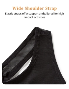 Detail of wide elastic shoulder straps with breathable mesh on a black sports bra