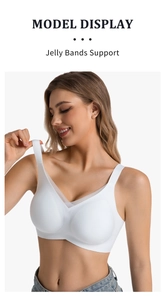Detail of white seamless V-neck bra with jelly band support and breathable mesh trim