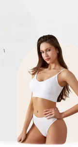 Close-up of white seamless triangle bra set with vertical ribbed texture and thin straps