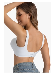 Detailed back view of white seamless bra showing three-row hook closure and wide straps