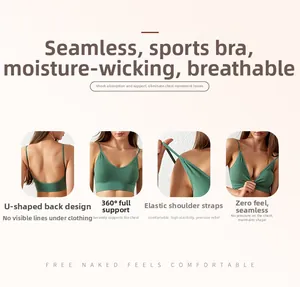 Detail of green seamless sports bra featuring high-elastic straps and U-shaped back design