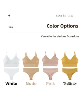 Flat lay of ribbed knit sports bra and brief sets in white, nude, pink and yellow