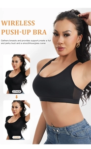 Detail showing the wireless push-up effect and breathable mesh of the black sports bra