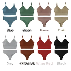Flat lay of ribbed cotton lingerie sets in 8 colors with thin straps and V-neckline