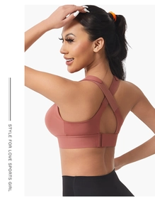 Pink high-impact sports bra with X-back design and adjustable three-row hook closure