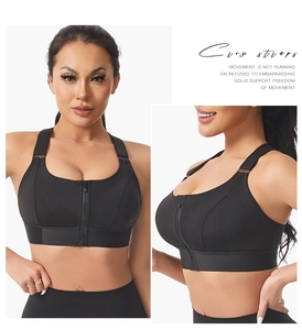 Detailed view of the front zipper closure and wide straps on a black high impact sports bra