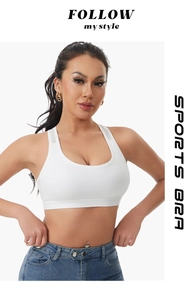 Close-up of white ribbed sports bra with wide straps and U-neckline on a model