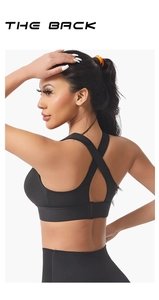 Detail of high-impact sports bra featuring back criss-cross straps and metallic hooks