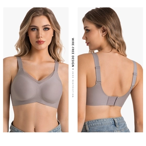 Detail of grey wire-free seamless bra with V-neck design and smooth back closure