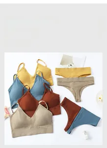 Detail of seamless wireless sports bras and thongs in various earth tone colors