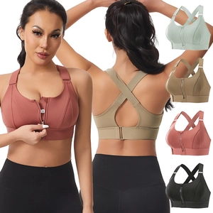 Women High Impact Sports Bra Front Zipper Adjustable Straps Wireless Push Up Shockproof Yoga Running Fitness Workout Top