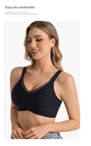 Detail of black seamless V-neck bra with breathable mesh patchwork and elastic fabric