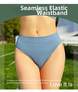 Nahtloser graublauer Tanga mit hohem Bund und breitem elastischem Rippbündchen für Sport