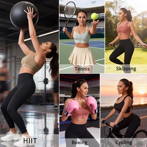 High-impact sports bra and leggings set shown in HIIT, tennis, boxing, and cycling scenes
