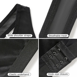 Mesh sports bra with wide straps and back hook closure shown in detailed four-grid view