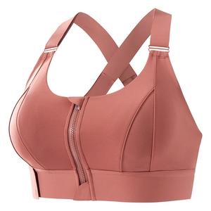 High-impact dusty rose sports bra with front zipper and cross back strap design