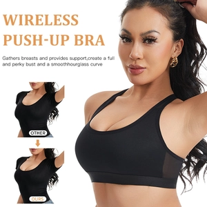 Wireless push-up sports bra with cross back design and breathable mesh for yoga fitness