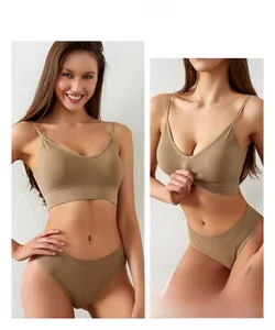 Close-up of khaki ribbed seamless sports bra and matching high-waist panties set