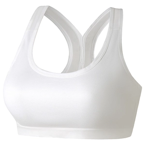 White seamless sports bra with breathable mesh fabric and a wide racerback design