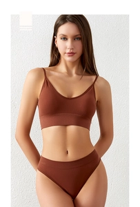 Brown seamless ribbed lingerie set with V-neck bralette and matching panties on model