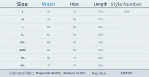 Size chart for seamless thong underwear with detailed measurements and fabric composition