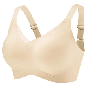 Seamless V-neck wireless nude bra with wide adjustable straps for comfort and lift