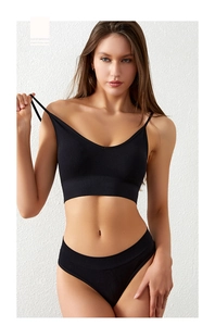 Close-up of black ribbed seamless wireless bra set with V-neckline and high waist panty