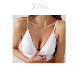 Detail of white ribbed sports bra with thin straps and deep V-neckline texture