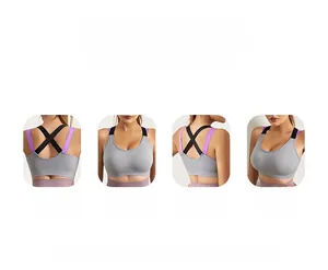 Detail view of seamless grey sports bra featuring cross-back straps and side support panels