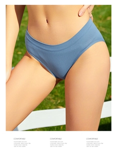 Detail of greyish blue rib-knit modal cotton panties for women with seamless comfort