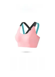 Detailed view of pink high-impact sports bra with cross-back straps and wide band