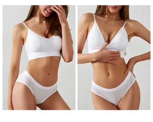Detailed texture of white ribbed seamless lingerie set featuring soft v-neck design