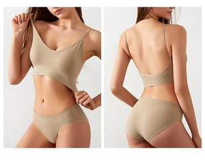 Front and back view of seamless ribbed lingerie set with V-neck bra and matching panties