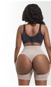 Detail of high waist seamless tummy control thong in beige showing back lifting effect