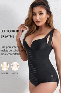 Breathable black waist trainer vest with multi-row hook closure and mesh side panels