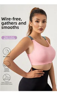 Detailed view of pink wireless sports bra with wide straps and anti-sagging support