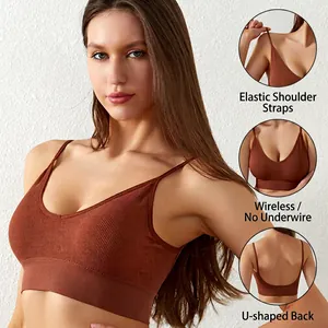 Seamless wire-free sports bra with ribbed fabric and U-shaped back design for women