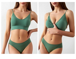 Detail of green ribbed lace-free bralette set showing fabric texture and comfort fit