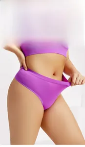 Detail view of purple seamless thong featuring high-elastic fabric and high-cut leg design