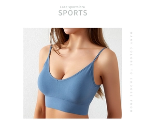 Detailed macro of a ribbed blue seamless V-neck bra with thin straps for daily comfort