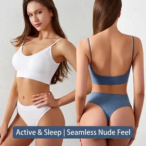 Seamless V-neck bralette set with thin straps and open back in white and blue