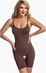 Detail of deep brown bodysuit with crotch opening and seamless elastic fabric