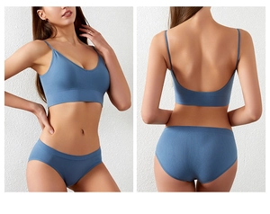 Detailed view of seamless ribbed lingerie set in blue featuring a crop top and matching panties