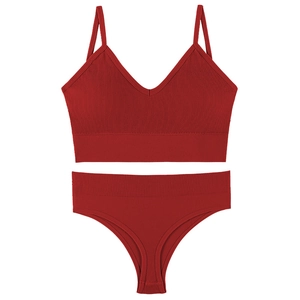 Burgundy ribbed knit lingerie set with V-neck camisole and matching cotton panties